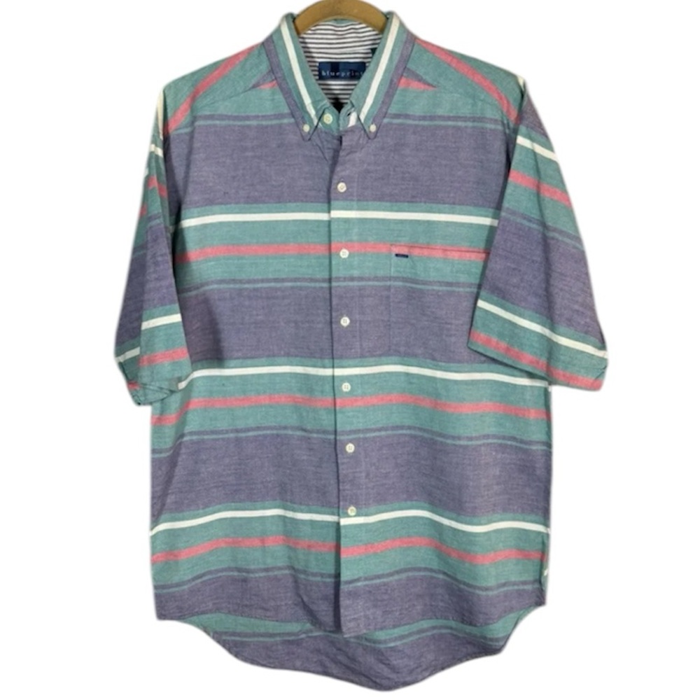 Blueprint Vintage Preppy Striped Button Up Short Sleeve Men's Large Shirt Blue